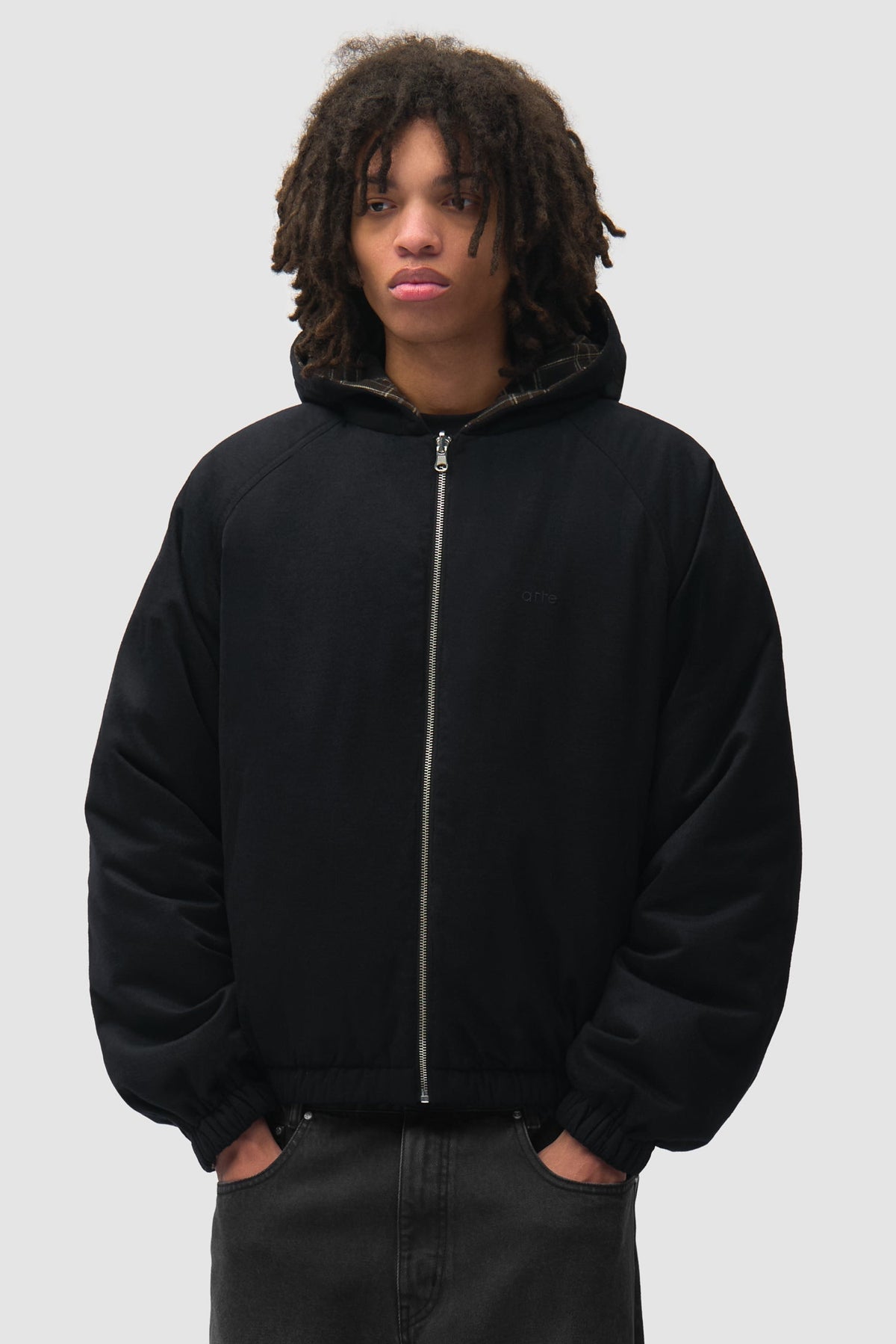 Veste réversible à capuche à carreaux - Noire