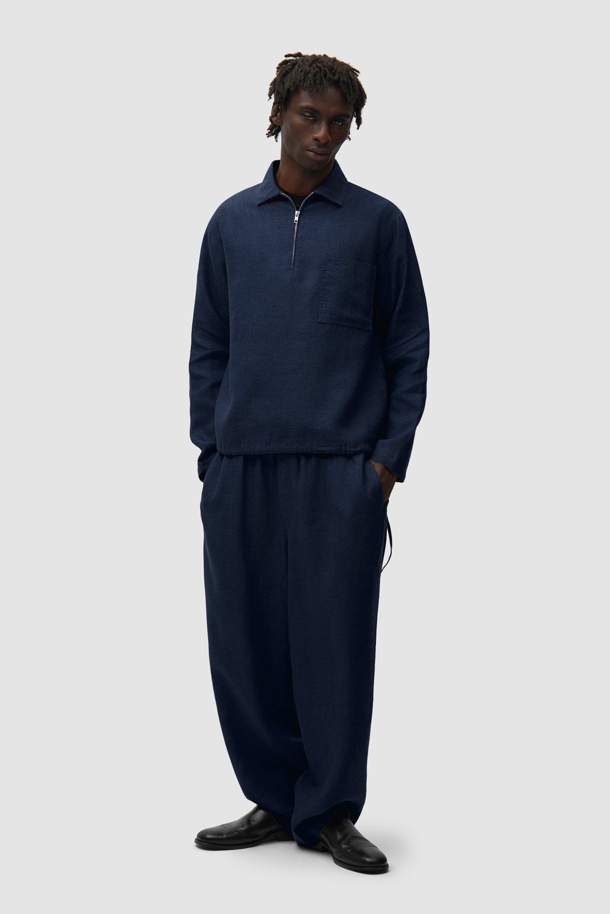 Pull à fermeture éclair quart de longueur en lin - Bleu marine